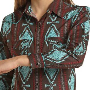 Rock & Roll Denim Turquoise & Brown Aztec Snap Up Western Shirt size L